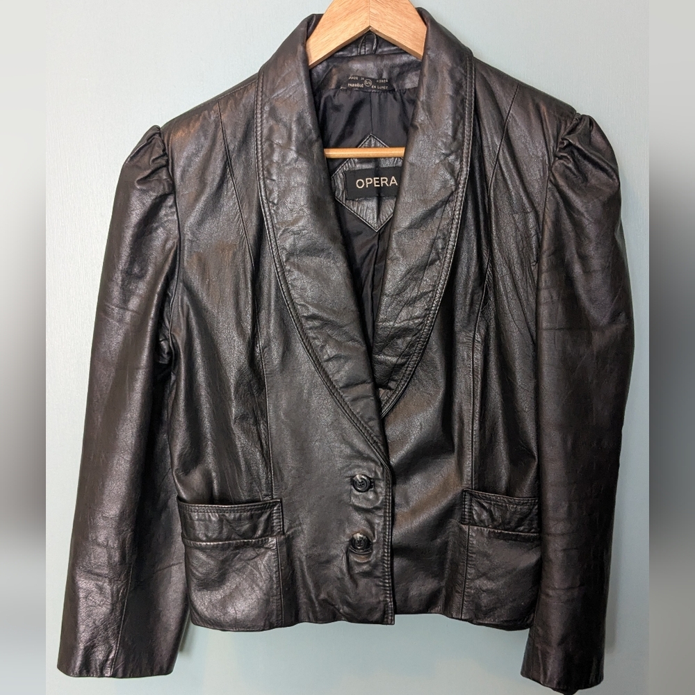 Vintage Opera Black Leather Blazer Puff Sleeve Shawl Collar US10